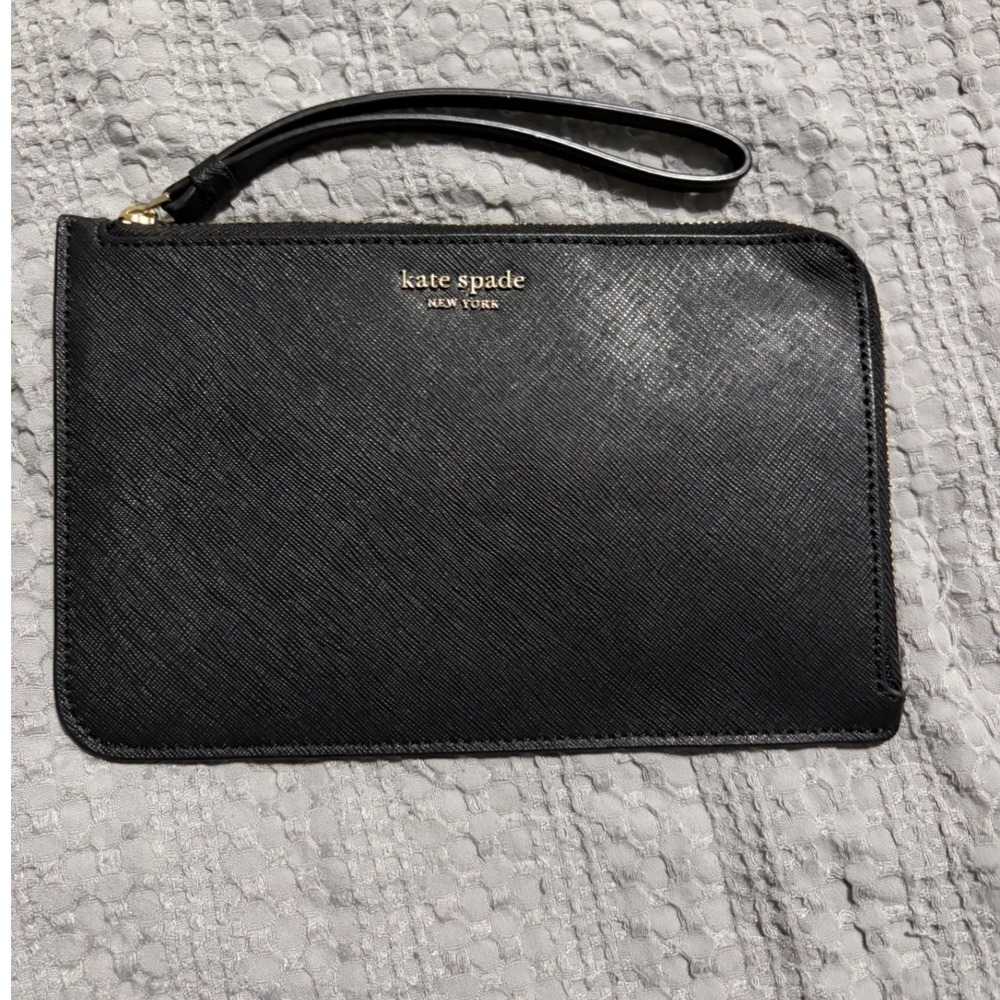 Kate Spade New York Black Saffiano Leather Wristlet Pouch Gold Hardware